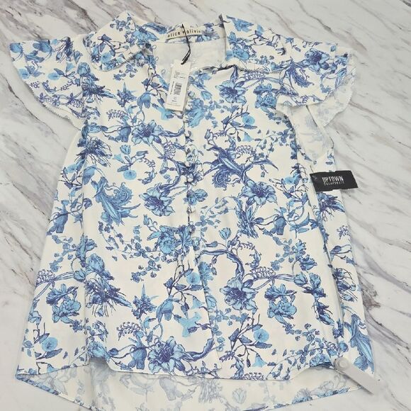 Blue and White Floral Blouse - Picture 1 of 6